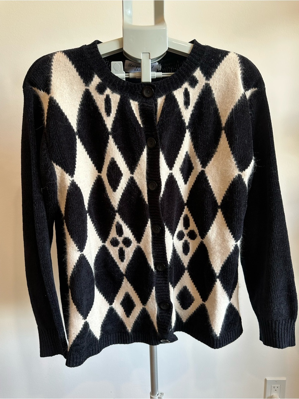 Nique Black and Cream Argyle Button Cardigan